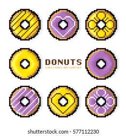 Vector donut set. Colored donuts with Purple and Yellow, Dessert and sweets in a 8 Bit and Pixel art style Icon set.ai