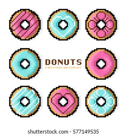 Vector donut set. Colored donuts with Blue and Pink Strawberry, Dessert and sweets in a 8 Bit and Pixel art style Icon set
