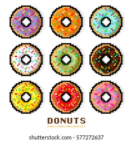 Donut vetorial definido. Rosquinhas coloridas com granulado, sobremesa e doces em um conjunto de ícones estilo arte 8 bits e Pixel