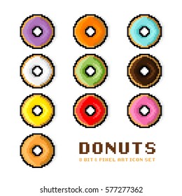 Vector donut set. Colorful donuts, Dessert and sweets in a 8 Bit and Pixel art style Icon set