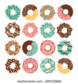 Vector donut set. Vector donut snack. Donut isolated on a white background. Deserts food in a flat style. Sweet donuts with frosting and caramel topping. Donuts snack icons. Donut isolated. 