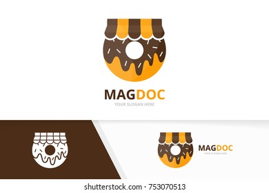 Vector donut and shop logo combination. Doughnut and sale symbol or icon. Unique bakery and market logotype design template.
