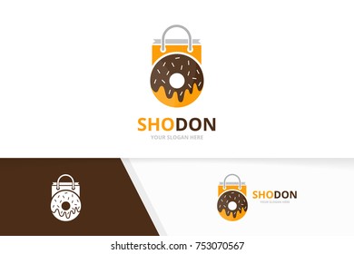 Vector donut and shop logo combination. Doughnut and sale symbol or icon. Unique bakery and bag logotype design template.
