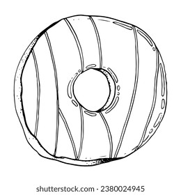 Vector donut sweet dessert for breakfast hand drawn vector illustration, top view. Baked doughnut with glaze for bakery and cafe menu