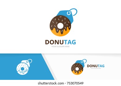 Vector donut and tag logo combination. Doughnut and shop symbol or icon. Unique bakery and label logotype design template.