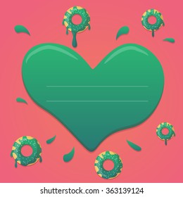 Vector donut valentines day design in mint green and pink gradient colors with heart. Design for greeting, birthday, invitation cards, menu, booklets. 