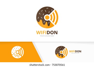 Vector donut and wifi logo combination. Doughnut and signal symbol or icon. Unique bakery and radio, internet logotype design template.