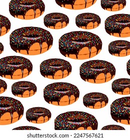 Donuts vectoriales con chocolate negro. Patrón sin foco. Iconos de donut. Postres dulces. Comida rápida. Concepto aislado de iconos de objetos alimentarios. Pasteles redondos con vidrio. Papel de impresión, textil, tela, envolvimiento. Patrón.