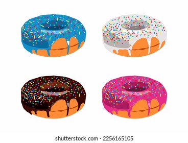 Donuts vectoriales con chocolate o glaseado negro, blanco, rosa y azul. Establecer o recolectar iconos. Postres dulces. Comida rápida. Concepto de icono de objeto alimentario aislado. Pasteles redondos con vidrio.