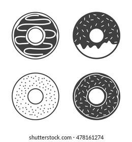 Vector donuts icons set isolated on white background. Yummy cookie donut icon food. Candy decoration donut with topping. Glazed pastry delicious snack, eat candy.