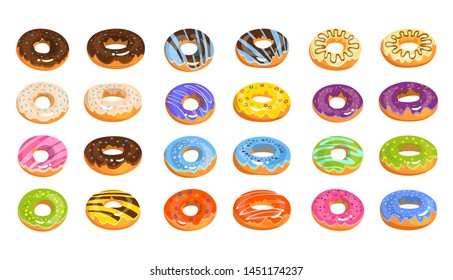 Vector donuts isolated on white background in cartoon style. Delicious doughnuts with chocolate, lemon, pink, violet, blue and orange glaze. Tasty fast food vector illustration