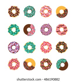 Vector donuts isolated on a white background. Sweet donuts with frosting and caramel topping.