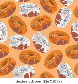 Vector donuts with orange, white chocolate or glaze. Seamless pattern. Donut icons. Sweet desserts. Fast food objects icons isolated. Glazed round cakes. Print, textile, fabric, wrapping paper. 