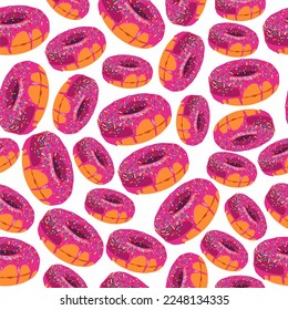 Vector donuts with pink chocolate on white background. Seamless pattern. Donut icons. Sweet desserts. Fast food. Glazed round cakes. Print, textile, fabric, wrapping paper. Pattern. Circle shapes.