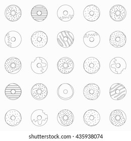 Vector donuts seamless pattern. Monochrome black and white pattern with sweet donuts in flat style. Seamless texture with dessert illustration. Background with donuts for cafe, menu and shops.