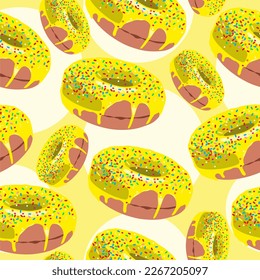 Donuts vectoriales con chocolate amarillo o glaseado. Patrón sin foco. Iconos de donut. Postres dulces. Comida rápida. Iconos de objetos alimentarios aislados. Pasteles redondos con vidrio. Papel de impresión, textil, tela, envolvimiento. Patrón