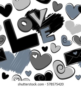 Vector doodle abstract hearts in black and gray colors on white background. Seamless pattern hand drawn backdrop with many hearts and other elements.