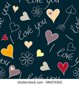 Vector doodle abstract hearts and chamomile flower in red, yellow and pink colors. Seamless pattern hand drawn backdrop with many hearts and other elements.