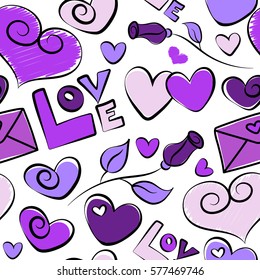 Vector doodle abstract hearts in purple and violet colors on white background. Seamless pattern hand drawn backdrop with many hearts and other elements.