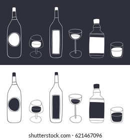 Vector doodle alcohol drinks set. Cartoon bottles and glasses