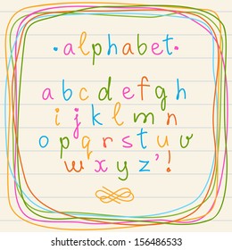 Vector doodle alphabet and frame. Hand drawn letters of alphabet in childish sketch style with border on sheet of notebook. Set of cute decorative design elements