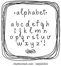 Vector doodle alphabet and frame. Hand drawn letters of alphabet in childish sketch style with border. Set of cute decorative design elements Black and white abstract illustration