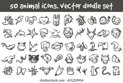 Vector doodle animal icons set. Stock cartoon signs for design.