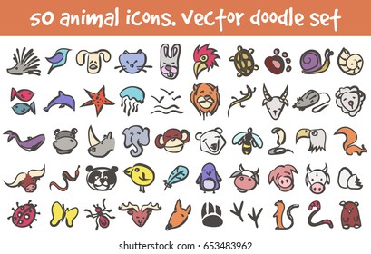 Vector doodle animal icons set. Stock cartoon signs for design.