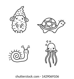 Vector doodle animals: sheep, turtle, snail, jellyfish. Doodle illustration is isolated on transparent background. Funny characters for your graphic design. EPS10