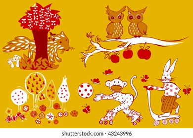 vector doodle animals and trees