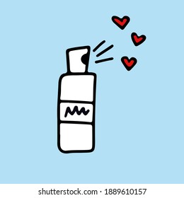 vector doodle - antibacterial spray for valentine's day. Hearts fly out of the container. Freehand style