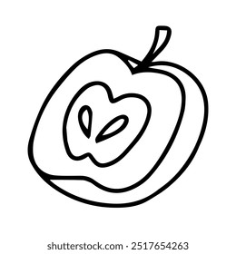 Vector doodle apple. Contour drawing of a cut apple, a slice of fruit. Design element on a white background.