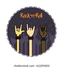 Vector doodle arms sign rock n roll music on purple. Rock n roll icon. Rock concert poster design template.