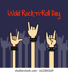 Vector doodle arms sign rock n roll music on purple. Rock n roll icon. Rock concert poster design template.