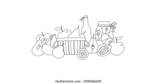 Vector doodle arrangement. Fruit basket, jam, bottle.