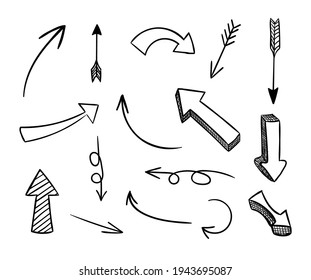 Vector Doodle Arrows, Black Drawings Set Isolated on White Background, 3D Hand Drawn Icons.
