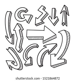 Vector doodle arrows. Illustration with hand drawn effect. Sketch arrows isolated on a white background. 