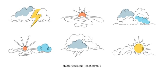 Vetor doodle arte contínua uma linha sol, nuvens, trovoada e relâmpago, chuva. Silhueta de símbolos de verão lineares. Ícones meteorológicos com contorno fino único ou elementos da natureza isolados no fundo branco