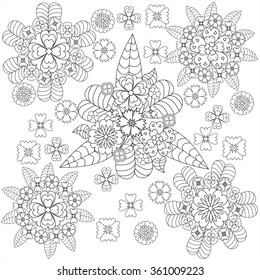 Vector doodle art floral pattern with heart variants flowers