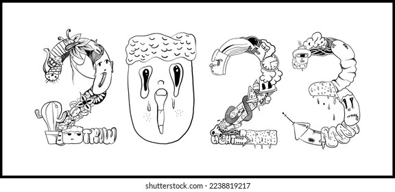 vector doodle art hand drawing black and white 2023