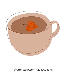 Vector doodle autumn color cup with coffee and a leaf drawn by hand. Line art illustration in warm colors isolated.