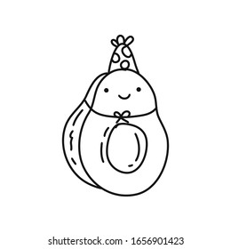 Vector of a doodle avocado, kawaii style, with smiley face celebrating a birthday party for card or painting