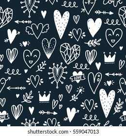 Vector doodle background with different hearts, branches, arrows, simple shapes. Black and white. Hand drawn elements