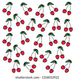 vector doodle background, hand drawn illustration of tasty, delicious, fresh, summer fruits, seamless pattern, perfect for a healthy texture of vegan food, red cherry collection