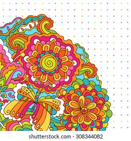 Vector doodle background. Hand drawn masked design with psychedelic colorful flowers and leafs. Colorful vector card.