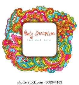  Vector doodle background.  Hand drawn  design with psychedelic colorful flowers and leafs.  Colorful invitation card.