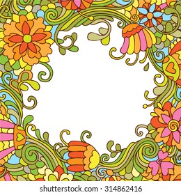  Vector doodle background with psychedelic colorful flowers and leafs. Can be used for cards, invitations, fabrics, wallpapers, ornamental template for design and decoration.