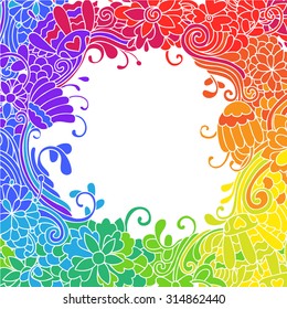  Vector doodle background with psychedelic colorful flowers and leafs. Can be used for cards, invitations, fabrics, wallpapers, ornamental template for design and decoration.