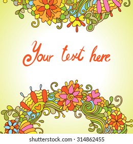  Vector doodle background with psychedelic colorful flowers and leafs. Can be used for cards, invitations, fabrics, wallpapers, ornamental template for design and decoration.