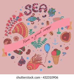 Vector doodle background with typography emblem "have a great summer". Ribbon. Sea live template design, vector set. Sea time card with sea wildlife, place your text inside the label.